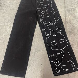SHEIN Black Pants with White Abstract Faces
